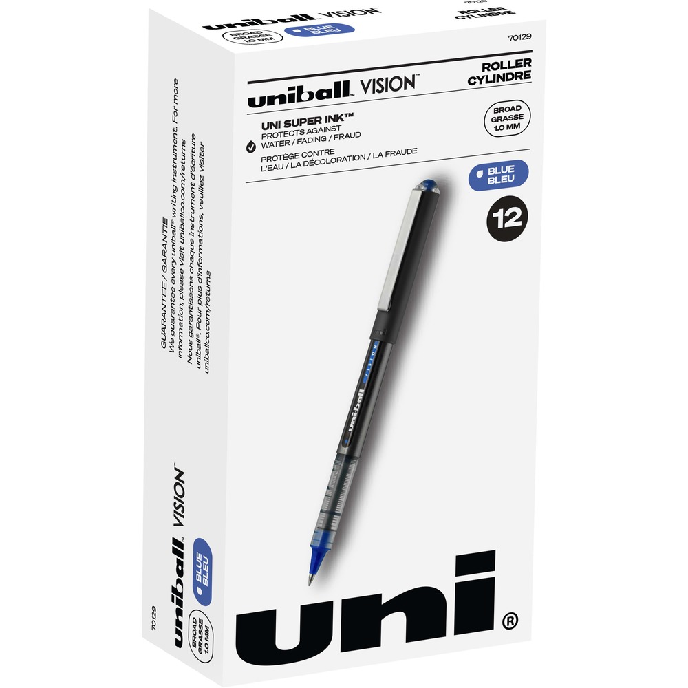 UBC70129 - Make your everyday writing experience easy with the effortless, dependable performance of Vision Rollerball Pens. Broad point (1.0mm) delivers an even, liquid ink laydown for reliably smooth, vivid lines and a rich color for improved clarity and readability. Capped, archival-quality, acid-free pens are great for all writing tasks including note-taking and record-keeping. Innovative, uni Super Ink technology forms a bond with paper to minimize the risk of check washing or document fraud and protects against water and fading. Exclusive, uni-Flow Ink System ensures a consistent, fluid writing experience. Translucent window ensures that you don't run out of ink unexpectedly. Enjoy beautiful, clean lines and give your ideas a burst of color with these classic, rollerball pens.