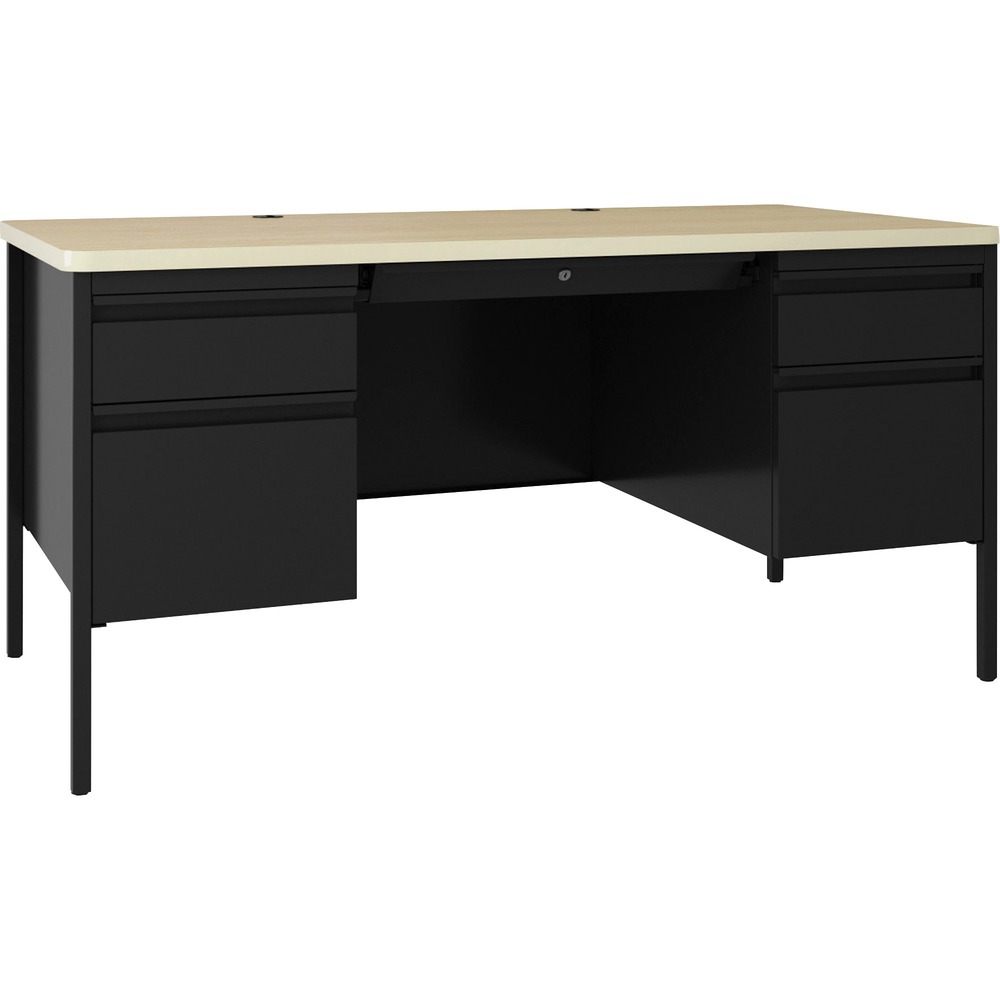 LLR03155 - Double-pedestal desk belongs to the Lorell Fortress Series Teachers Desks that offer a practical and professional desk solution ideal for educational offices and classrooms. Durable, high-quality steel construction in black withstands rigorous daily use. The durable top features a T-mold edge to promote safety and high-performance, Maple laminate surface that is scratch-resistant, stain-resistant and water-resistant. Desk is also equipped a 3/4 modesty panel, locking center drawer and two box/file pedestals with full-extension, ball-bearing slides. Integrated drawer pulls are full-width. Central lock system locks all drawers. Steel construction and laminate top make the desk easy to clean and disinfect. Reinforced, double-frame inner structure keeps desk solid and sturdy for years of use. Steel desking meets or exceeds ANSI/BIFMA standards.