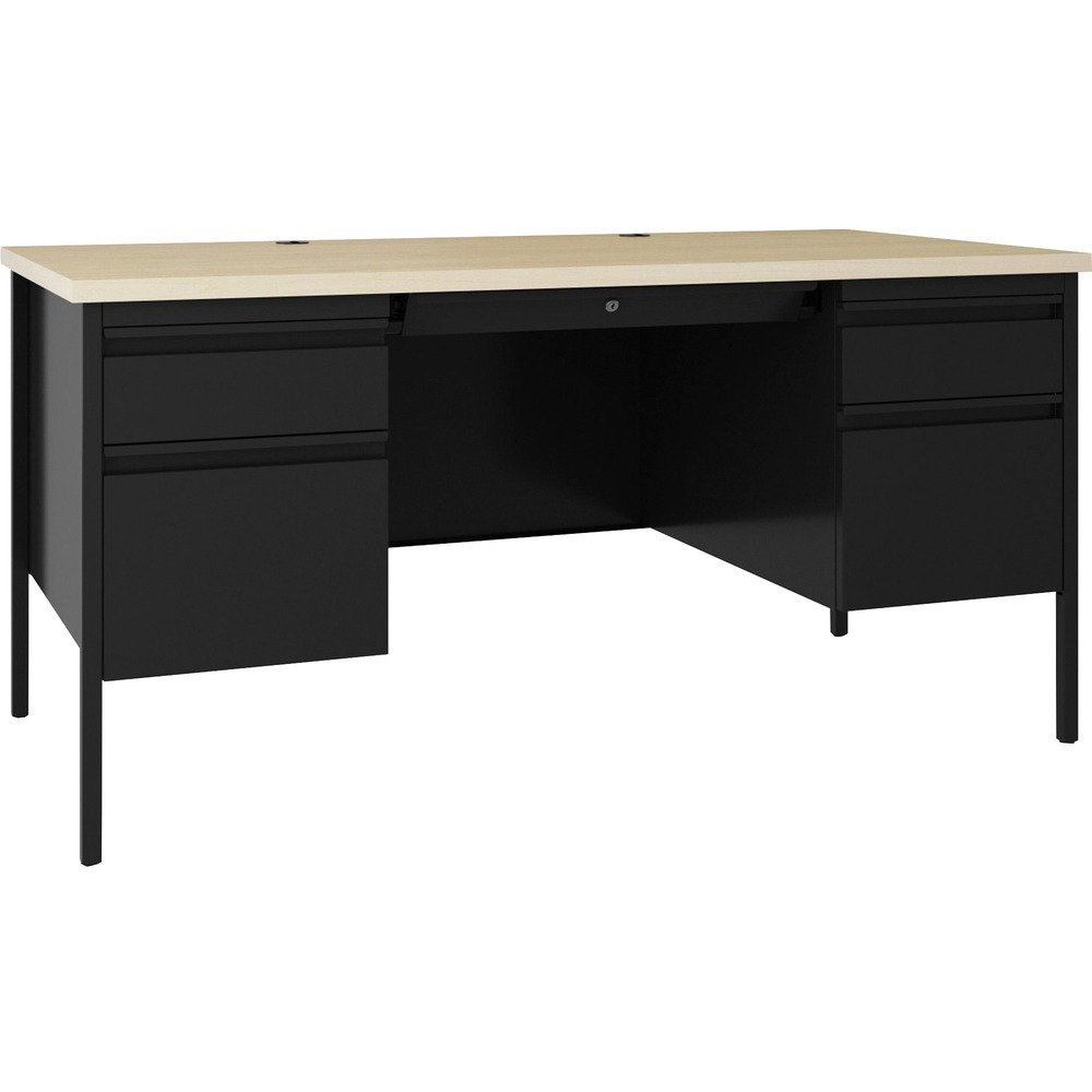 LLR60930 - Double-pedestal desk is part of the Lorell Fortress Series, a practical and professional desk solution ideal for business, government and educational offices. Durable, high-performance steel construction stands up to rigorous daily use. The 1-1/8" thick top with square edges features a Maple laminate surface that is scratch-resistant, stain-resistant and water-resistant. Design also features a 3/4-height modesty panel and box/file pedestal on both sides. Drawers lock and offer full-extension, ball-bearing slides and full-width, integrated drawer pulls. File drawers accommodate letter-size files. Central-locking center drawer features a core-removable lock. Two grommets offer easy cord management. Reinforced, double-frame inner structure keeps desk solid and sturdy for years of use. Steel construction and laminate top make the desk easy to clean and disinfect. Steel desk in black meets or exceeds ANSI/BIFMA standards.