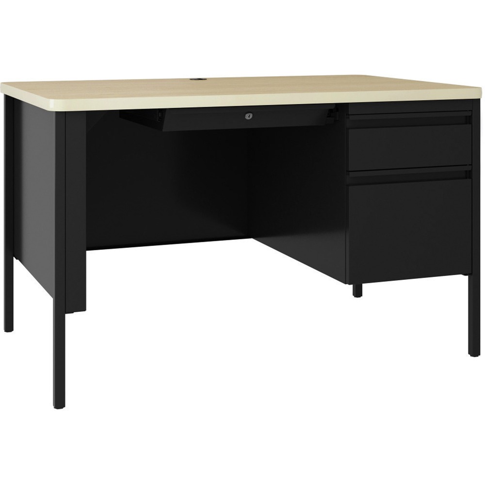 LLR03156 - Single-pedestal desk belongs to the Lorell Fortress Series Teachers Desks that offer a practical and professional desk solution ideal for educational offices and classrooms. Durable, high-quality steel construction in black withstands rigorous daily use. The durable top features a T-mold edge to promote safety and high-performance, Maple laminate surface that is scratch-resistant, stain-resistant and water-resistant. Desk is also equipped a 3/4 modesty panel, locking center drawer and box/file pedestal on the right with full-extension, ball-bearing slides. Integrated drawer pulls are full-width. Central lock system locks all drawers. Steel construction and laminate top make the desk easy to clean and disinfect. Reinforced, double-frame inner structure keeps desk solid and sturdy for years of use. Steel desking meets or exceeds ANSI/BIFMA standards.