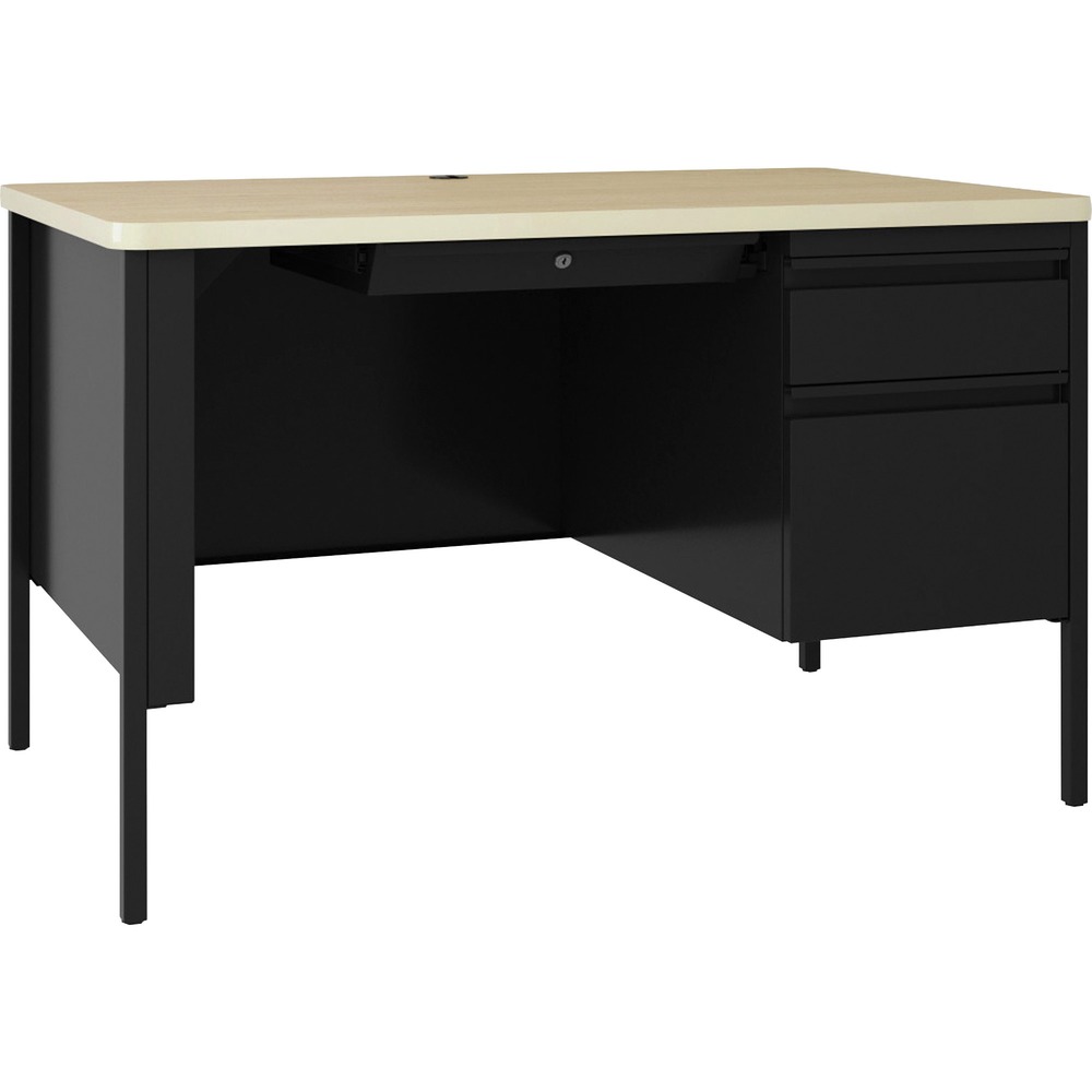 LLR66907 - 48" wide single-pedestal desk is part of the Lorell Fortress Series, a practical and professional desk solution. Use this right-pedestal desk with a Fortress left return for L-shaped configurations. Both have 3/4-height modesty panels for seamless lines. Durable, high-performance steel construction stands up to rigorous daily use. The 1-1/8" thick top with square edges features a Maple laminate surface that is scratch-resistant, stain-resistant and water-resistant. Design also features a box/file pedestal on the right. Both drawers lock and offer full-extension, ball-bearing slides and full-width, integrated drawer pulls. File drawer accommodates letter-size files. Central-locking center drawer features a core-removable lock. Center grommet allows easy cord management. Reinforced, double-frame inner structure keeps desk solid and sturdy for years of use. Steel construction and laminate top make the desk easy to clean and disinfect. Desk meets or exceeds ANSI/BIFMA standards.