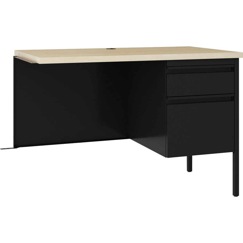 LLR03140 - Right-pedestal return is part of the Lorell Fortress Series, a practical and professional desk solution ideal for business, government and educational offices. Use this right-pedestal return with a Fortress left-pedestal desk for L-shaped configurations. Both have 3/4-height modesty panels for seamless lines. Durable, high-performance steel construction stands up to rigorous daily use. The 1-1/8" thick top with square edges features a Maple laminate surface that is scratch-resistant, stain-resistant and water-resistant. Design also features a box/file pedestal on the right. Both drawers offer full-extension, ball-bearing slides and full-width, integrated drawer pulls. File drawer accommodates letter-size files. Center grommet allows easy cord management. Steel construction and laminate top make the desk easy to clean and disinfect. Reinforced, double-frame inner structure keeps desk solid and sturdy for years of use. Steel return in black meets or exceeds ANSI/BIFMA standards.