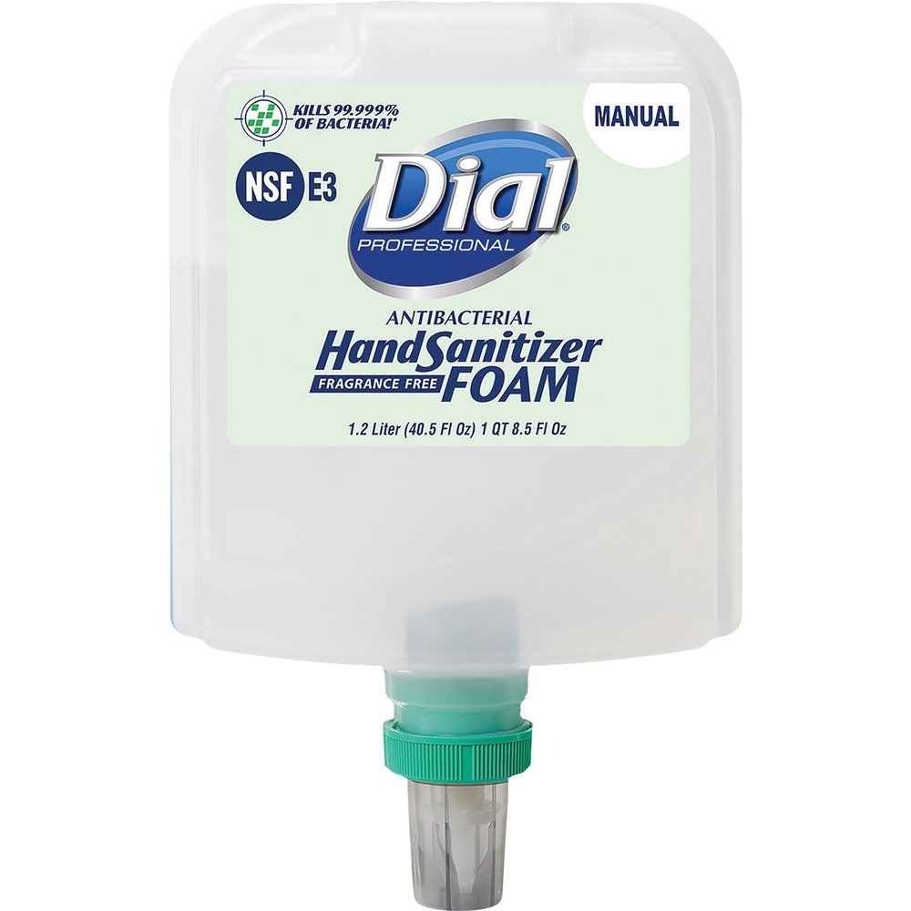 DIA19714 - Antibacterial hand sanitizer kills 99.99 percent of pathogenic bacteria in as little as 15 seconds without the use of soap and water. Dermatologist-tested, hypoallergenic formula with skin conditioners is free of fragrances or dyes and is mild on hands to prevent your skin from drying out. Easy-to-install design allows quick, simple replacement to minimize maintenance time. Foam hand sanitizer is perfect for healthcare facilities, schools, offices, restaurants, daycare centers and more. This 1.2 liter refill works in Dial Professional 1700 Manual Universal Dispensers.