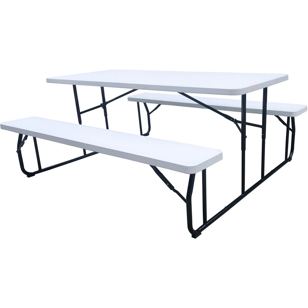 ICE65925 - This picnic table with benches folds completely flat for convenient storage. It is ideal for both indoor and outdoor break areas or parks. Sturdy and weather-resistant, foldable table is designed to last for years. High-density, durable, blow-molded plastic construction won't fade or crack in sunlight. Surface is stain-resistant and water-resistant. Powder-coated black, steel frame is rust-resistant. Picnic table seats six to eight people. Each bench holds up to 600 lb. evenly distributed. The 1-1/2" thick white tabletop holds up to 650 lb. evenly distributed. Folded size is 71" wide x 63" deep x 2-4/5" high. When unfolded, each bench measures 72" wide x 12" deep x 17-1/2" high.