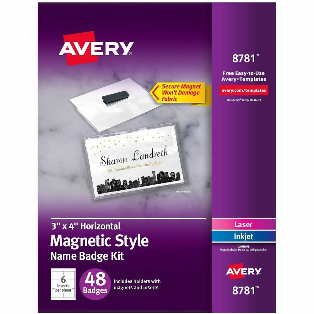 AVE8781 - These Magnetic Name Badges feature a strong magnet on the badge holder that keeps the name tag in place without damaging material or flipping over. Reusable, plastic badge holder offers an easy-to-load pocket style design that displays names and information clearly. White, microperforated inserts separate cleanly, leaving smooth edges. Badges also include a built-in name tag tray that allows easy transportation to and from events. Easily customize your name tags using the free, online templates and designs to use at social or business events such as mixers, fundraisers, trade shows, networking events, sales meetings and conferences. Durable, clear, name tag holder creates a professional appearance for events, meetings and conferences. Each sheet includes six badges.