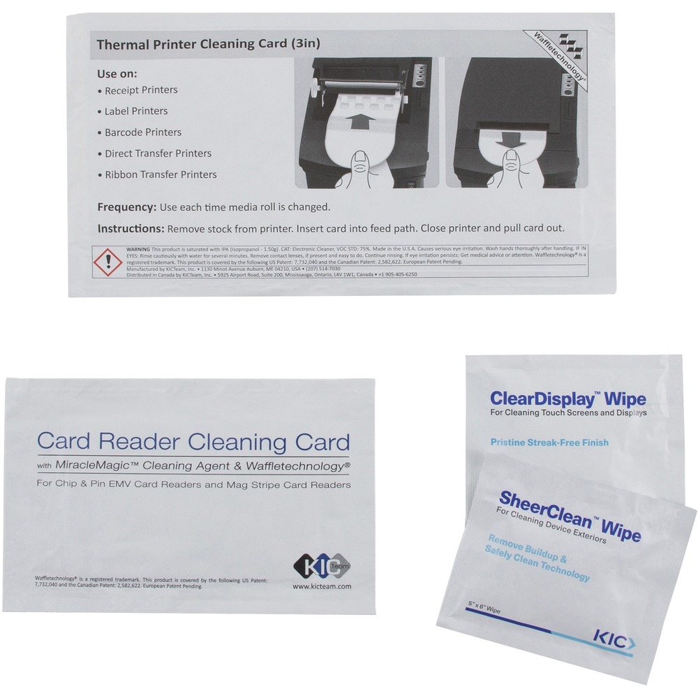 REARR15107 - Keep your POS terminals functioning smoothly with this thermal printer cleaning kit. Card reader cleaning card with MiracleMagic cleaning agent and Waffletechnology efficiently cleans chip and pin EMV card readers and mag stripe card readers. Cleaning wipe with SheerClean cleaning agent removes fingerprints, smudges, grease, oils and water-based inks from keyboards and other exterior housings. 3" thermal printer cleaning card can be used on receipt printers, label printers, bar-code printers, direct transfer printers and ribbon transfer printers. Screen cleaning wipe cleans fingerprints, dust, pollen and other contaminants on LCD screens, smartphones, tablets, monitors and bar-code scanners.
