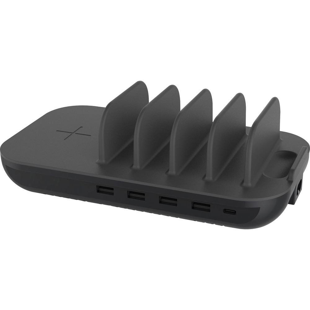 KTKDC1300B - Desktop charging station features a wireless charging pad for a fast, convenient way to charge your device without directly plugging in. Five USB ports offer more options to power additional devices. Slotted design conveniently charges multiple devices simultaneously while keeping everything neatly organized. Integrated circuits with fast-charging technology offers a faster way to charge your devices. Advanced technology prevents overcharging, short circuits and overheating to keep your devices safe. Silicone, rubberized surface creates more friction to prevent devices from sliding.