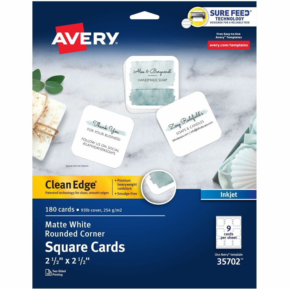 AVE35702 - Create business cards, tags, RSVP cards and more using these printable square cards with rounded corners. These versatile blank cards can be printed on both sides of the sheet. With Avery Clean Edge technology, the edges of each card are carefully die-cut to create the smoothest, cleanest edge of any printable card available. Each square card measures 2-1/2 x 2-1/2" with curved corners that help avoid snagging and creasing. Each sheet of cards is designed to be compatible with inkjet printers. Whether you're starting with your own design or creating an idea from scratch, Avery Design and Print makes it simple to make personalized cards from your office or your home. Free online Avery software includes all of the tools you need to design message cards, gift tags, appointment reminder cards and more. Each sheet includes nine cards. More from the Manufacturer