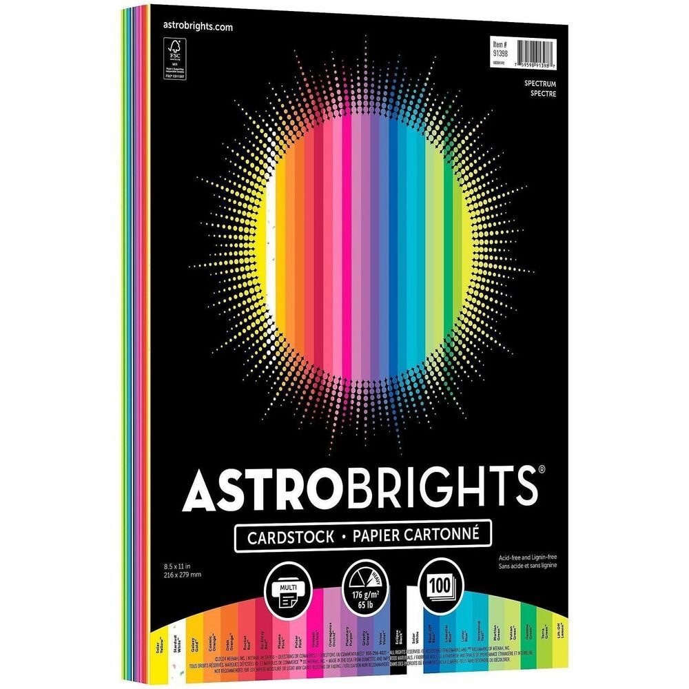 WAU91398 - Astrobrights Cardstock Spectrum Assortment with 25 colors is high-impact paper that features bold, deeply saturated colors to make your creations stand out. Its 65 lb. paper weight makes it the perfect choice for flyers, school projects, direct mail and much more. It is acid-free and lignin-free for long-lasting color yet it is smooth enough to work with inkjet and laser printers. Don't worry about expensive ink for full-color prints. Use brighter colors for brighter ideas. Colors in this set include Lift-Off Lemon, Solar Yellow, Galaxy Gold, Cosmic Orange, Solar White, Pulsar Pink, Plasma Pink, Rocket Red, Re-Entry Red, Orbit Orange, Fireball Fuchsia, Outrageous Orchid, Planetary Purple, Gravity Grape, Venus Violet, Gamma Green, Terrestrial Teal, Lunar Blue, Celestial Blue, Blast-Off Blue, Martian Green, Terra Green, Vulcan Green, Stardust White and Eclipse Black.