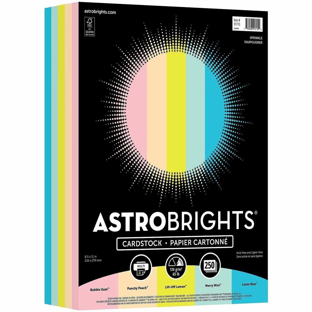 WAU91715 - Astrobrights Cardstock Sprinkle Assortment is high-impact paper that features bold, deeply saturated colors to make your creations stand out. Colors in this set include Bubble Gum, Punchy Peach, Lift-Off Lemon, Merry Mint, Lunar and Blue. Its 65 lb. paper weight makes it the perfect choice for flyers, school projects, direct mail and much more. It is acid-free and lignin-free for long-lasting color yet it is smooth enough to work with inkjet and laser printers. Don't worry about expensive ink for full-color prints. Use brighter colors for brighter ideas.