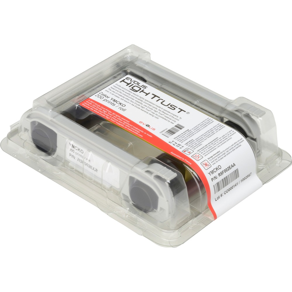 SRXR5F008AAA - Evolis YMCKO ribbon prints a full spectrum of colors by combining yellow, magenta and cyan panels and using varying degrees of heat. The K panel is a black resin panel, typically used for printing text and bar codes, and the O panel is a thin, clear protective overlay that is applied over the entire surface of your cards. Evolis Ribbon is specially back-coated to extend printhead life. It generates approximately 300 full-color prints in Evolis Primacy and Elypso printers.