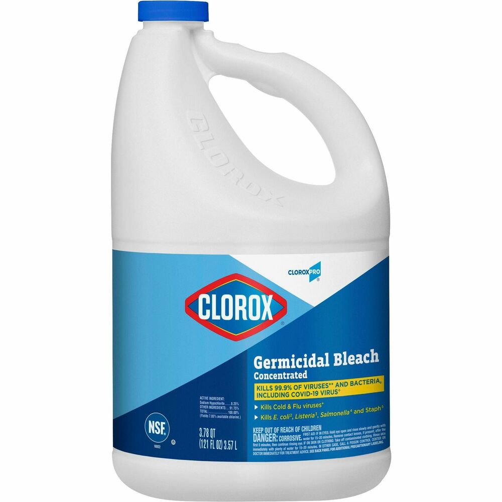 CLO30966 - Show those germs who's boss with Clorox Germicidal Bleach from CloroxPro. EPA-registered bleach kills 39 organisms, including multiple strains of MRSA, norovirus, flu virus, E. Coli, listeria and Salmonella when used as directed on countertops, floors, toilets and more. It meets EPA criteria for use against SARS-CoV-2, the virus that causes COVID-19. This 121 oz. bottle of bleach makes 30 gallons of germ-busting cleaning solution to remove stains and kill mold and mildew. Bleach also can be used in the laundry room to make whites whiter. It removes the toughest laundry stains from white clothes including red wine, grass, dirt and blood stains. It is safe to use in standard and high-efficiency washing machines. Bleach is ideal for use in busy healthcare environments, offices, schools and other commercial facilities. Packaging may vary.