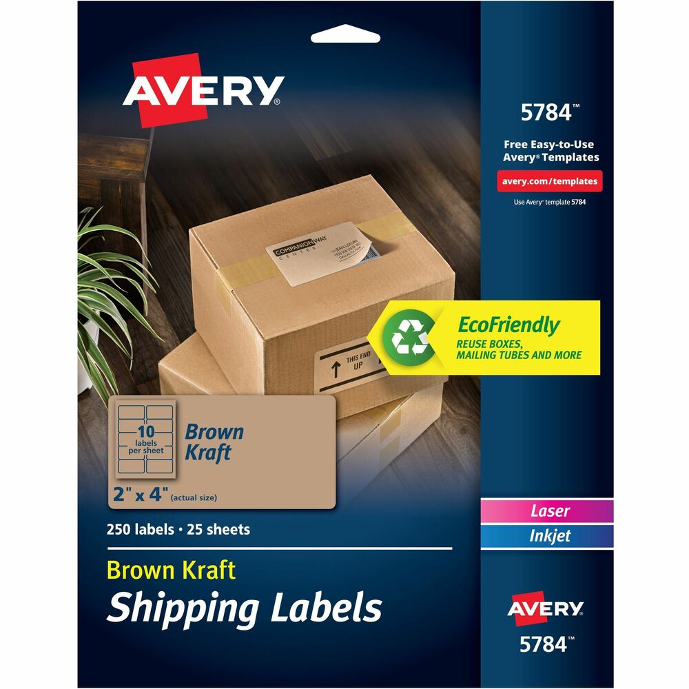 AVE05784 - Customize your packages and reduce your impact on the environment by using these Kraft Brown Shipping Labels. They blend into cardboard to give your packages a clean, printed-on look. These labels completely block out what's underneath so you can reuse and extend the life of your boxes. Easily customize the labels with your logo or other graphics using free, online templates and designs. Each sheet includes 10 recyclable labels (2" x 4") on recycled label paper. Each pack contains 250 labels. More from the Manufacturer