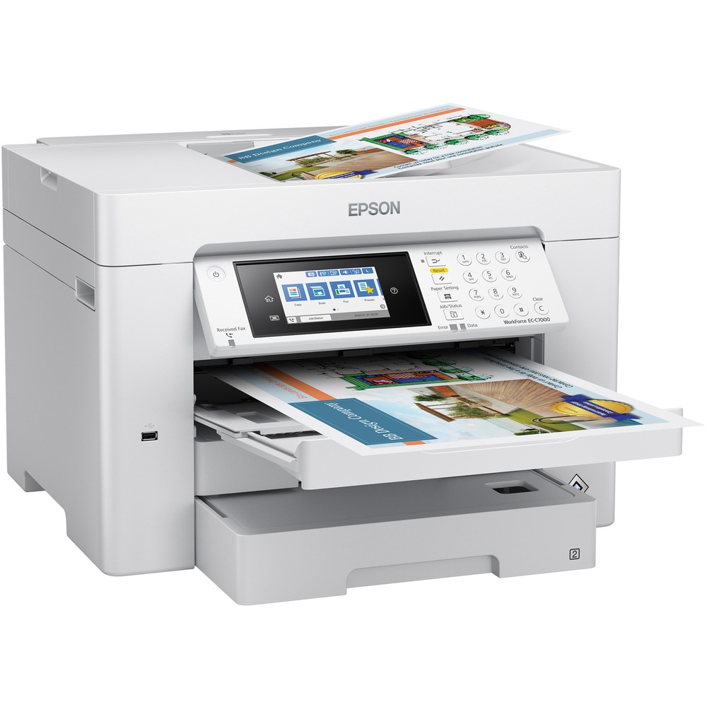 EPSC11CH67202 - Enhance workplace productivity with this fast, reliable, WorkForce EC-C7000 Color Multifunction Printer. It offers high-speed printing for documents up to 13" x 19". High-performance printer delivers professional-quality prints with DURABrite Ultra instant-dry ink. PrecisionCore Heat-Free technology provides fast speeds up to 25 ppm (black/white) and 12 ppm (color) while lowering power consumption up to 85 percent. Print, copy, scan and fax two-sided documents and use the 50-sheet automatic document feeder (ADF) for convenience. Printer features two front input trays with a 250-sheet capacity each and a 50-sheet capacity rear input tray for optimal paper handling. Use your mobile device with Bluetooth Low Energy (BLE) to wirelessly set up. Connect using built-in wireless, Wi-Fi Direct or Ethernet. Easy-to-use, 4.3" color touch screen allows quick navigation and control. Effortlessly set up and start printing with the included cartridge set.