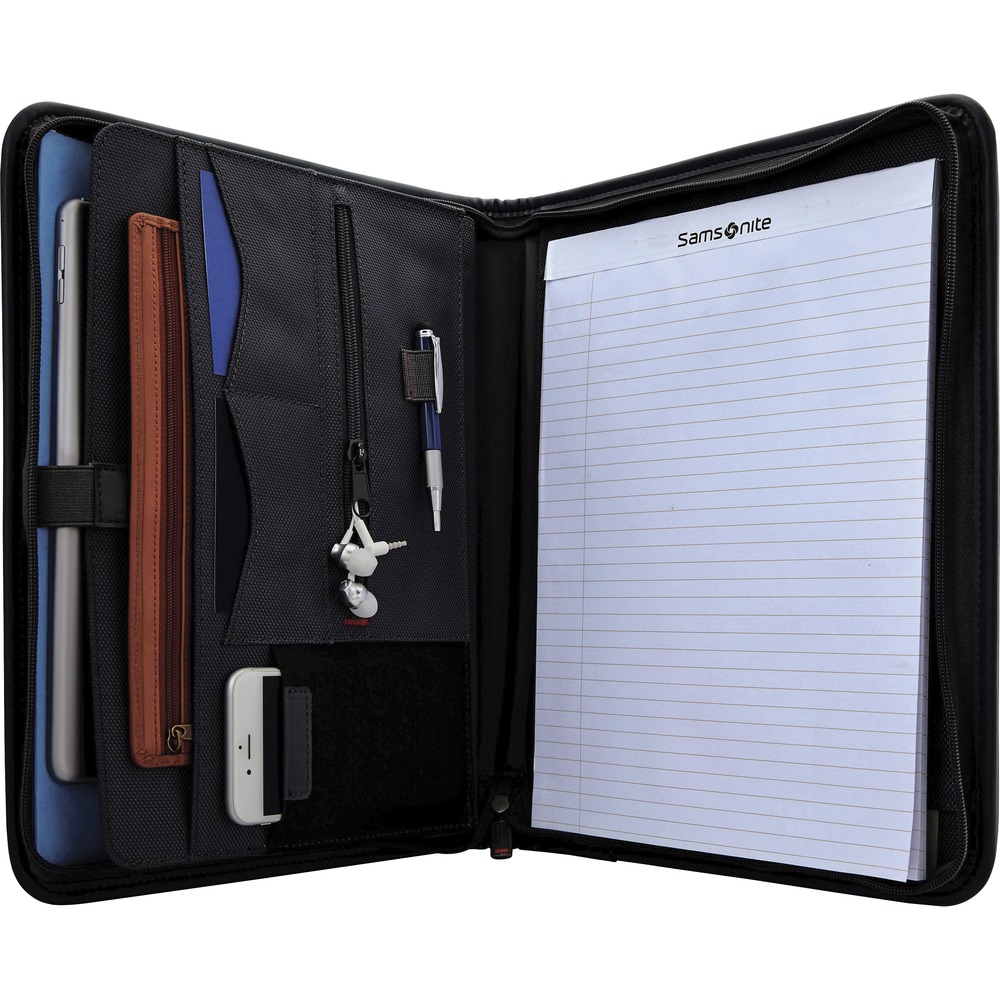 SML1164651041 - Arrive organized and prepared to your business meetings and interviews with this slim portfolio. Durable construction is made of ballistic fabric with vinyl trim to add sleek, sophisticated style to your day. Zip-around design ensures your important papers stay safely inside throughout your tasks. Tablet pocket offers a convenient location to store your device to protect it from scuffs and scratches. Included writing pad is ruled to keep your handwriting neatly aligned. Pen loop holder keeps your writing utensil within quick reach. Organization pockets offer easy storage for loose papers, resumes, files, business cards, mobile devices, cables and more.