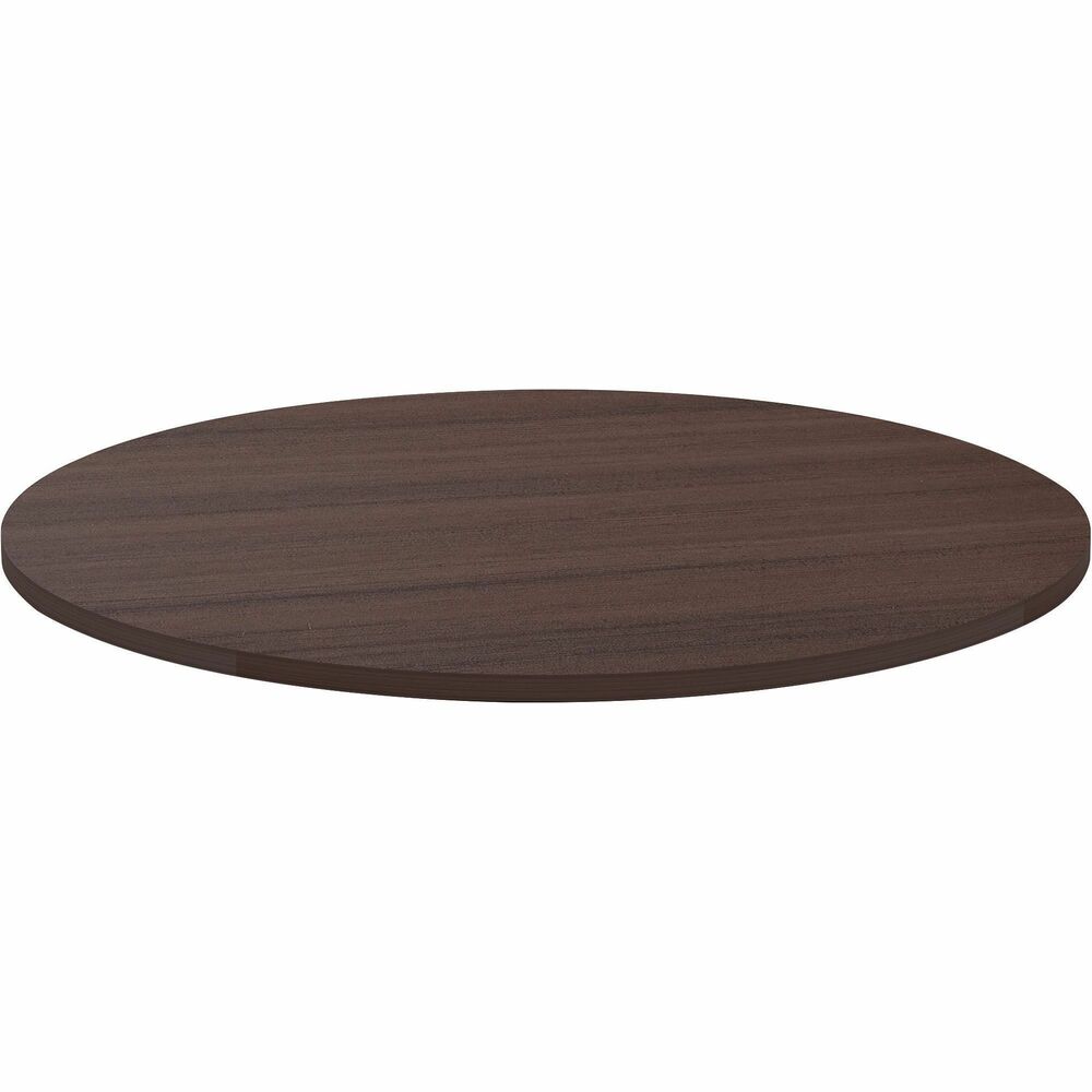 LLR18256 - Round tabletop is designed for use with Lorell Essentials Series Wood Laminate Furniture that offers high-quality laminate construction and a contemporary design. Ideal for a small meeting area in executive offices, this 1" thick tabletop features an Espresso laminate surface and 3mm PVC edgebanding. Attach this tabletop to sturdy steel or matching laminate base (LLR18257 sold separately) with screws matched to T-Metal, predrilled holes.