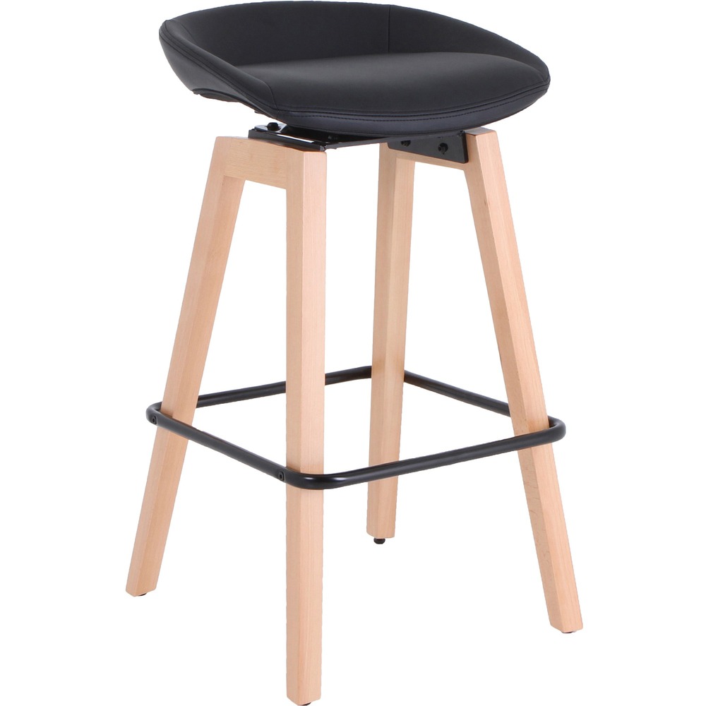 LLR68563 - Modern Low-Back Stool is the perfect addition to your lounge or breakroom. Polyurethane-upholstered seat in black swivels 180 degrees and features convenient auto return. Powder-coated steel footring around the natural legs offers a reliable footrest. Adjustable glides stabilize the stool on uneven surfaces. More from the Manufacturer