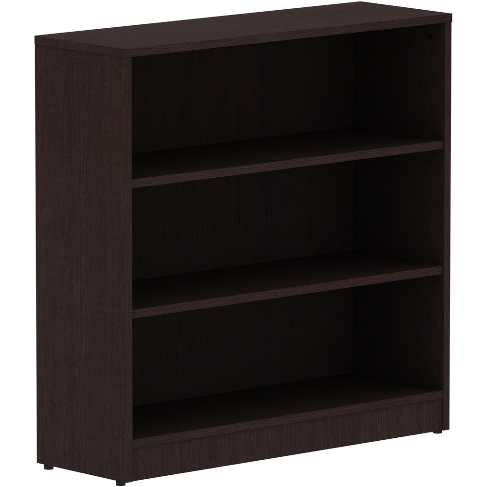 LLR18276 - Sturdy, three-shelf bookcase offers high-quality laminate construction and a contemporary design. Shelves are 3/4" thick and made of 18mm thick, medium-density fiberboard with thermally fused, Espresso laminate for long-lasting use. The visible, one-piece backing behind the shelves is made with 3mm thick, medium-density fiberboard and matching laminate. Both sides are finished. Bookcase features two adjustable shelves, one fixed bottom shelf, square edges and adjustable feet. Each shelf holds up to 75 lb.