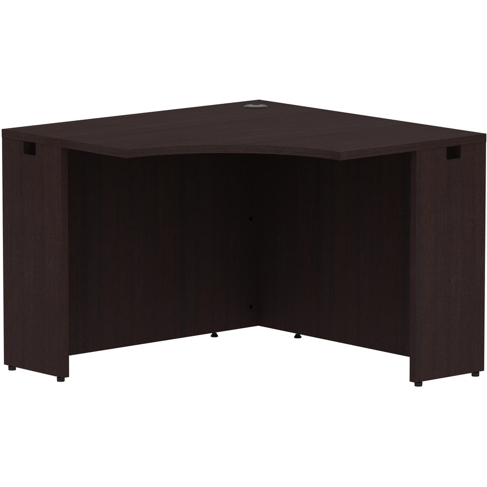 LLR18261 - Corner desk is part of Lorell Essentials Series Laminate Furniture with high-quality laminate construction and metal-to-metal, cam-lock connections. Espresso laminate top is 1" thick for durability. Use the grommet hole in the top for easy cord routing. Design also includes a full modesty panel for privacy, 3mm PVC edges and adjustable feet.