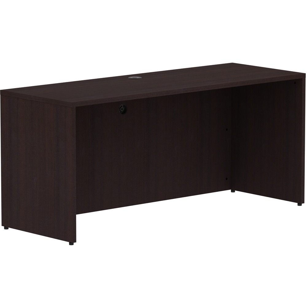 LLR18265 - Credenza shell is part of Lorell Essentials Series Laminate Furniture with high-quality laminate construction and metal-to-metal, cam-lock connections. Espresso laminate top is 1" thick for durability. Use the two grommet holes in the top for easy cord routing. Design also includes 96mm metal drawer pulls with a silver brush finish, 3mm PVC edges and adjustable feet.