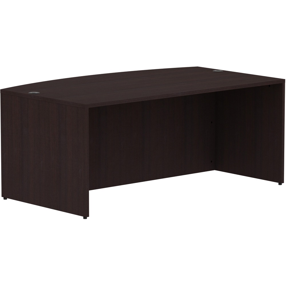 LLR18260 - Bowfront desk shell is part of Lorell Essentials Series Laminate Furniture with high-quality laminate construction and metal-to-metal, cam-lock connections. Espresso laminate top is 1" thick for durability. Use the two grommet holes in the top for easy cord routing. Design also includes a full modesty panel for privacy, 3mm PVC edges and adjustable feet.