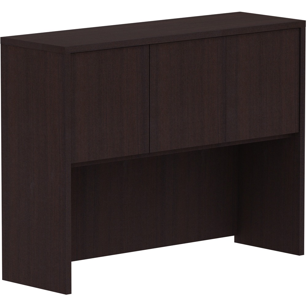 LLR18271 - Hutch with three doors is part of Lorell Essentials Series Laminate Furniture with high-quality laminate construction and metal-to-metal, cam-lock connections. Hutch easily attaches onto 48" wide desk shells in this collection. Design includes one grommet for easy cord management, backing, Espresso laminate surfaces for durability and 3mm PVC edges.
