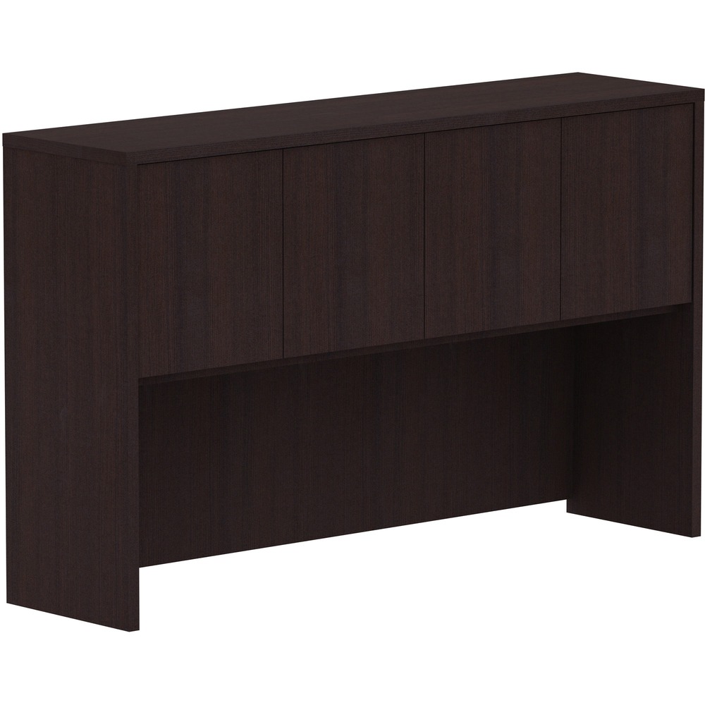 LLR18270 - Hutch with three doors is part of Lorell Essentials Series Laminate Furniture with high-quality laminate construction and metal-to-metal, cam-lock connections. Hutch easily attaches onto 60" wide credenzas and desk shells in this collection to expand storage opportunities. Design includes one grommet for easy cord management, backing, Espresso laminate surfaces for durability and 3mm PVC edges.