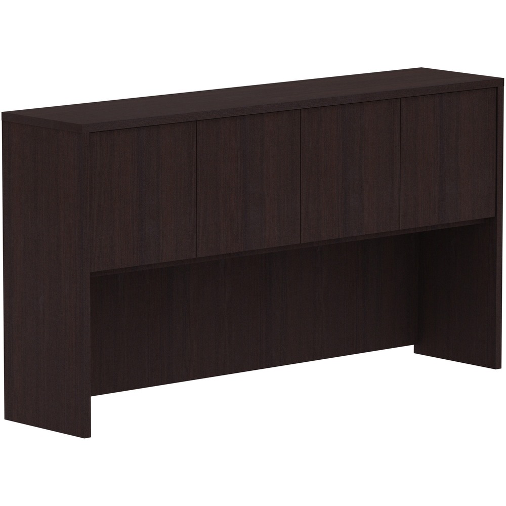 LLR18269 - Hutch with four doors is part of Lorell Essentials Series Laminate Furniture with high-quality laminate construction. Easily set hutch directly on 66" desks and credenzas with no connections. Espresso laminate hutch features two separate storage areas that can be concealed with the doors. Use the 60mm grommet hole in the middle of the back for easy cord routing. A 32mm gap at the bottom of the back panels offers another opportunity for cord management. Design also includes 3mm PVC edges.
