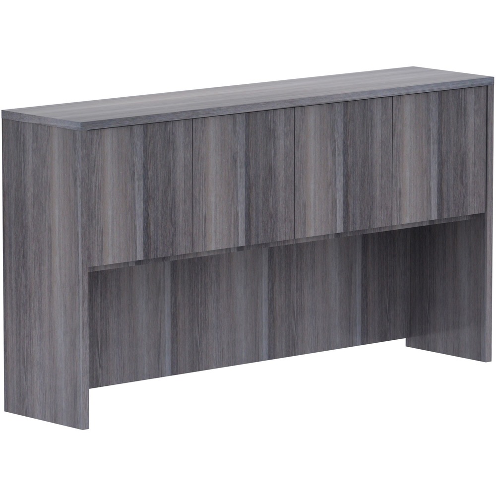 LLR69619 - Hutch with four doors is part of Lorell Essentials Series Laminate Furniture with high-quality laminate construction. Easily set hutch directly on 66" desks and credenzas with no connections. Weathered Charcoal laminate hutch features two separate storage areas that can be concealed with the doors. Use the 60mm grommet hole in the middle of the back for easy cord routing. A 32mm gap at the bottom of the back panels offers another opportunity for cord management. Design also includes 3mm PVC edges.
