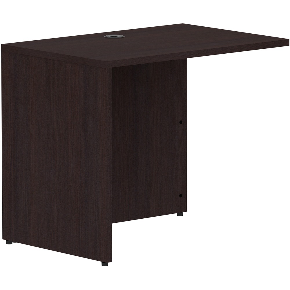 LLR18263 - Rectangular return shell is part of Lorell Essentials Series Laminate Furniture with high-quality laminate construction and metal-to-metal, cam-lock connections. Use to create L-shaped workstations with bridges and desks. It is reversible for use in left-hand or right-hand configurations. Predrilled holes with metal inserts allow easy attachment by screws of pedestals. Espresso laminate top is 1" thick for durability. Use the grommet hole in the top and center of the back panel for easy cord routing. Design also includes a full modesty panel for privacy, 3mm PVC edges and adjustable floor glides to stabilize the return on uneven surfaces. Return should not be used as a freestanding unit.