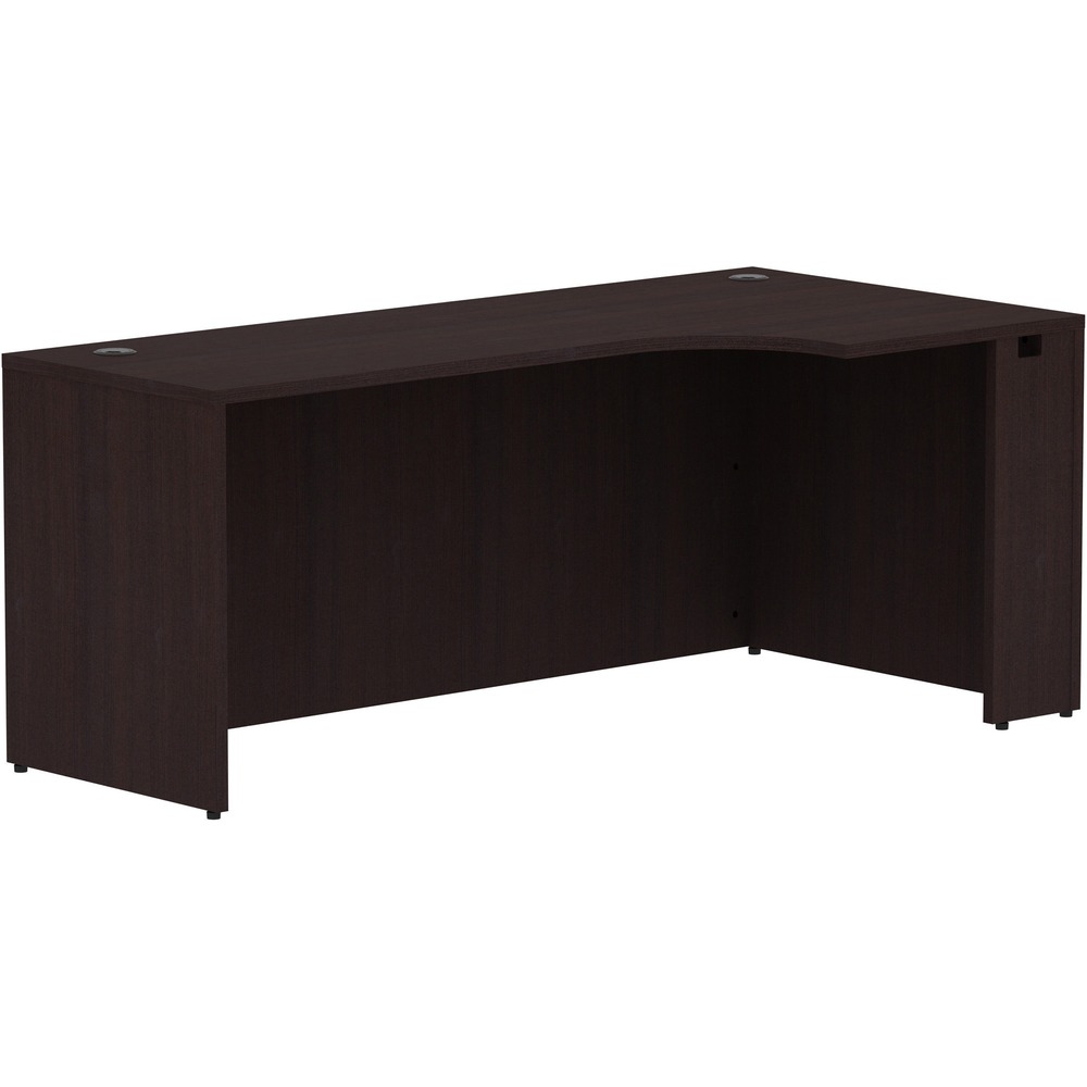 LLR18268 - Right corner credenza is part of Lorell Essentials Series Laminate Furniture with high-quality laminate construction and metal-to-metal, cam-lock connections. Espresso laminate top is 1" thick for durability. Use the two grommet holes in the top for easy cord routing. Design also includes a full modesty panel for privacy, 3mm PVC edges and adjustable feet.