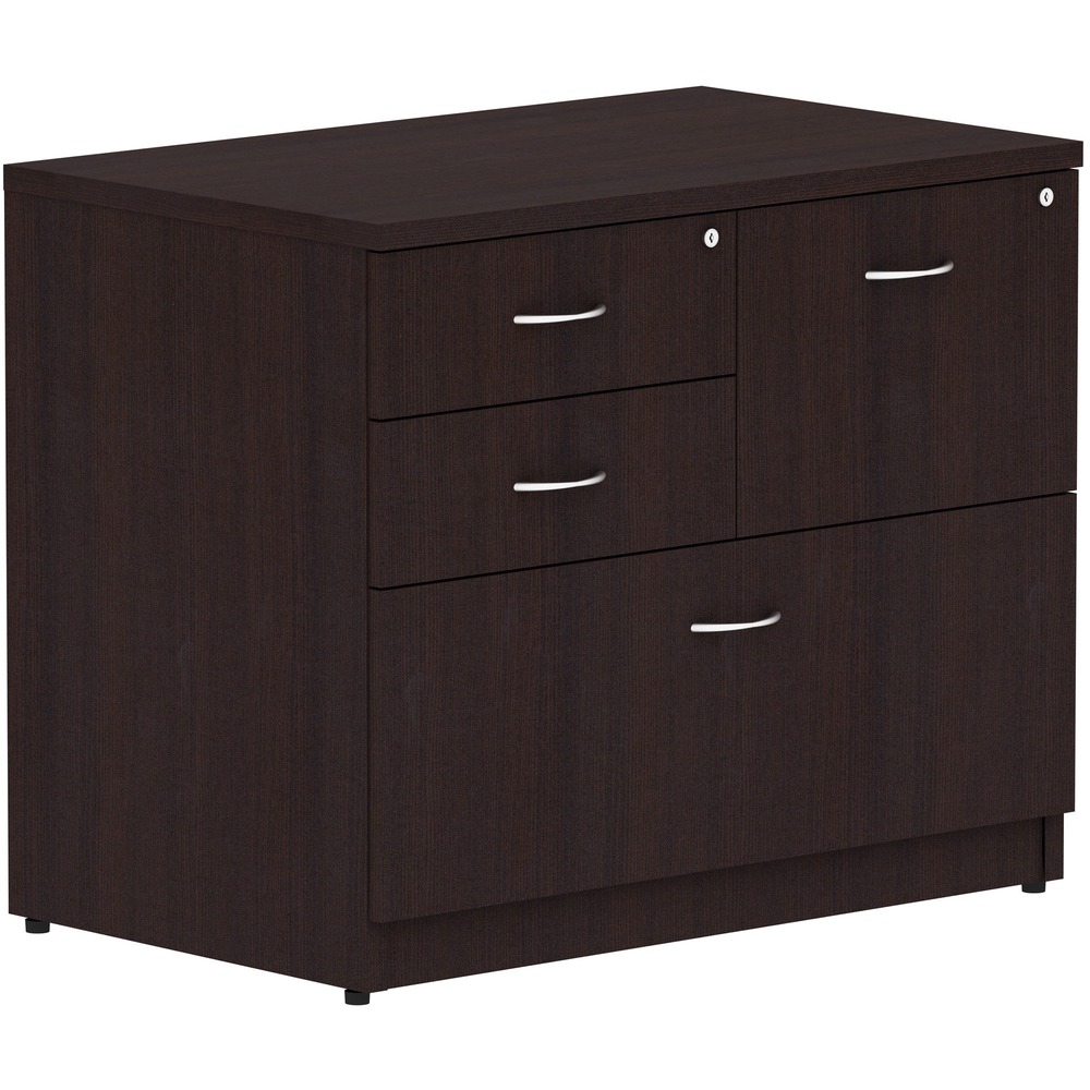 LLR18273 - Versatile, four-drawer lateral file is part of Lorell Essentials Series Laminate Furniture with high-quality laminate construction and a contemporary design. Innovative design includes two box drawers to store supplies, a file drawer next to the box drawers and a lateral file as the bottom drawer. Both file drawers accommodate letter-size and legal-size files with included hangrails. Drawers roll smoothly on steel ball-bearings with full extension. The top box and file drawer lock for security. Espresso laminate top and side panels are 1" thick for durability. Design also includes 3mm PVC edges and adjustable levelers for stabilization.