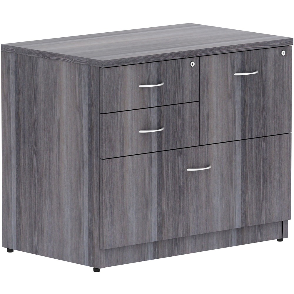 LLR69623 - Versatile, four-drawer lateral file is part of Lorell Essentials Series Laminate Furniture with high-quality laminate construction and a contemporary design. Innovative design includes two box drawers to store supplies, a file drawer next to the box drawers and a lateral file as the bottom drawer. Both file drawers accommodate letter-size and legal-size files with included hangrails. Drawers roll smoothly on steel ball-bearings with full extension. The top box and file drawer lock for security. Weathered Charcoal laminate top and side panels are 1" thick for durability. Design also includes 3mm PVC edges and adjustable levelers for stabilization.