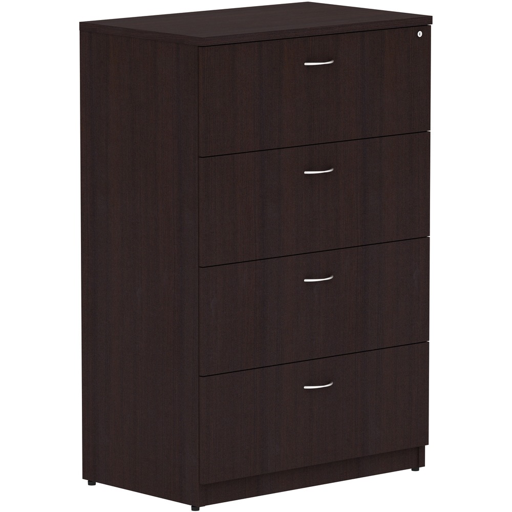LLR18274 - Four-drawer lateral file is part of Lorell Essentials Series Laminate Furniture with high-quality laminate construction and a contemporary design. Espresso laminate top is 1" thick for durability. File drawer accommodates letter-size and legal-size files with included hangrails. Drawers roll smoothly on steel ball-bearings with full extension. Central locking system locks all drawers at once. Anti-tip feature allows only one drawer to be opened at a time. Design also includes 3mm PVC edges and adjustable levelers for stabilization.