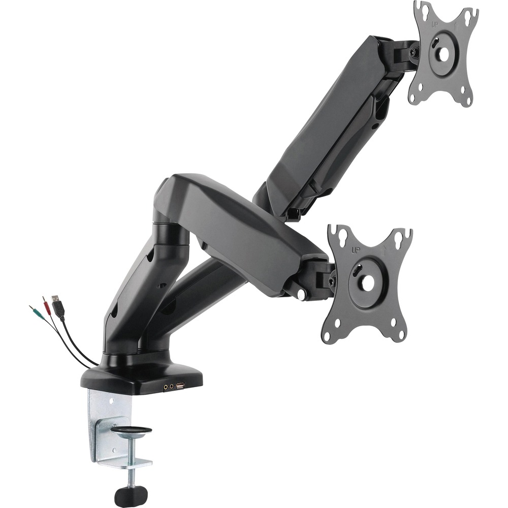 LLR99801 - Dual-monitor arm in two sections offers versatile positioning and useful features. Swivel and tilt adjustment maximize viewing flexibility. Arm swivels 360 degrees from side to side while the monitor mounting plate swivels 180 degrees. Face of the mounting plates rotates 360 degrees. Mounting plate is 75mm x 75mm and 100mm x 100mm VESA-compatible. You can also tilt your monitors from negative 45 degrees to positive 90 degrees for multiple monitor viewing angles. Monitor arm is height-adjustable to easily improve eye level and posture for optimal comfort. Built-in spring gauge can be adjusted to suit various monitor weights. The 2.0 USB port and audio port in the bottom of the arm are convenient for supporting data transfer, charging and sound input/output. Pear-shaped VESA slot makes monitor installation much easier with a one-step slide-in. Mount through your desk grommet so no need to crawl under your desk to install. Built-in cable management allows an organized and neat work space. More from the Manufacturer