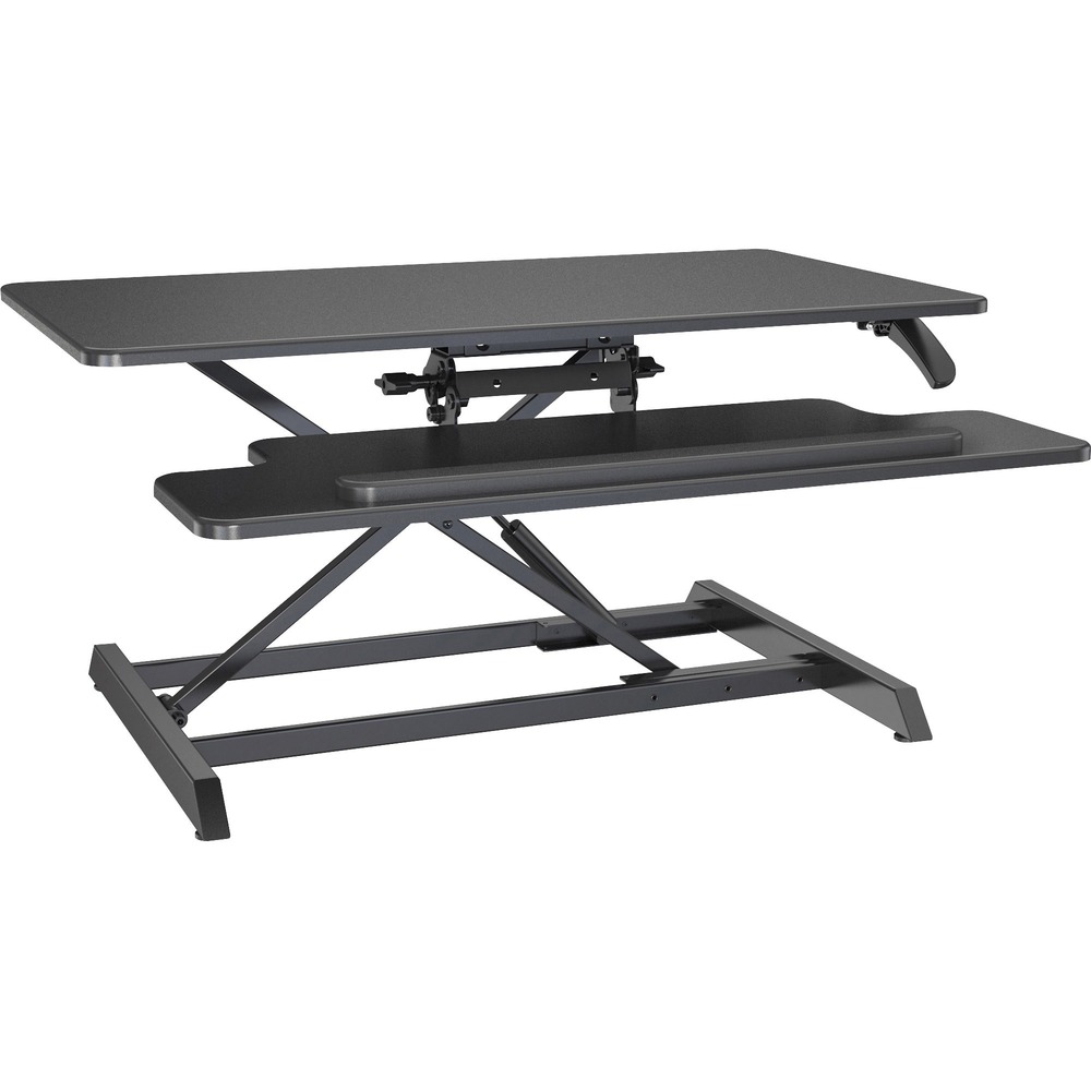 LLR99555 - Desk riser allows you to go from sitting to standing with ease. Stop easily at any position from 5-1/8" x 19-1/4" when adjusting the height. Desk riser operates with a gas-spring monitor lift for smooth, easy ascension. The 23-1/4" x 12-3/8" keyboard tray tilts between negative 5 and positive 15 degrees and offers a 20mm height-adjustment range. The X-type frame is made of sturdy steel. Worksurface and tray are made of medium-density fiberboard with PVC finish. Desktop weight capacity is 33 lb. Keyboard tray can hold up to 4.4 lb.