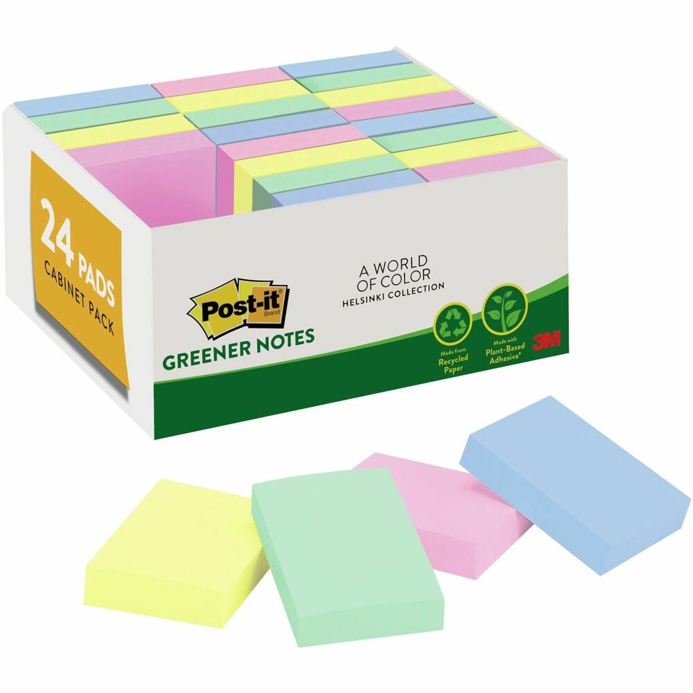 MMM65324RPVAD - Post-it Greener Notes help support a better future by using recycled paper and plant-based adhesive. In a size that is easy to carry and always on hand, these self-stick removable notes stick securely and remove cleanly. Smaller notes are great for jotting quick messages. The Helsinki color collection is airy and clean, honoring the simple pleasures of Scandinavian living. All Greener Post-it Notes are recyclable, and the paper in Post-it Notes is sourced from certified, renewable and responsibly managed forests.