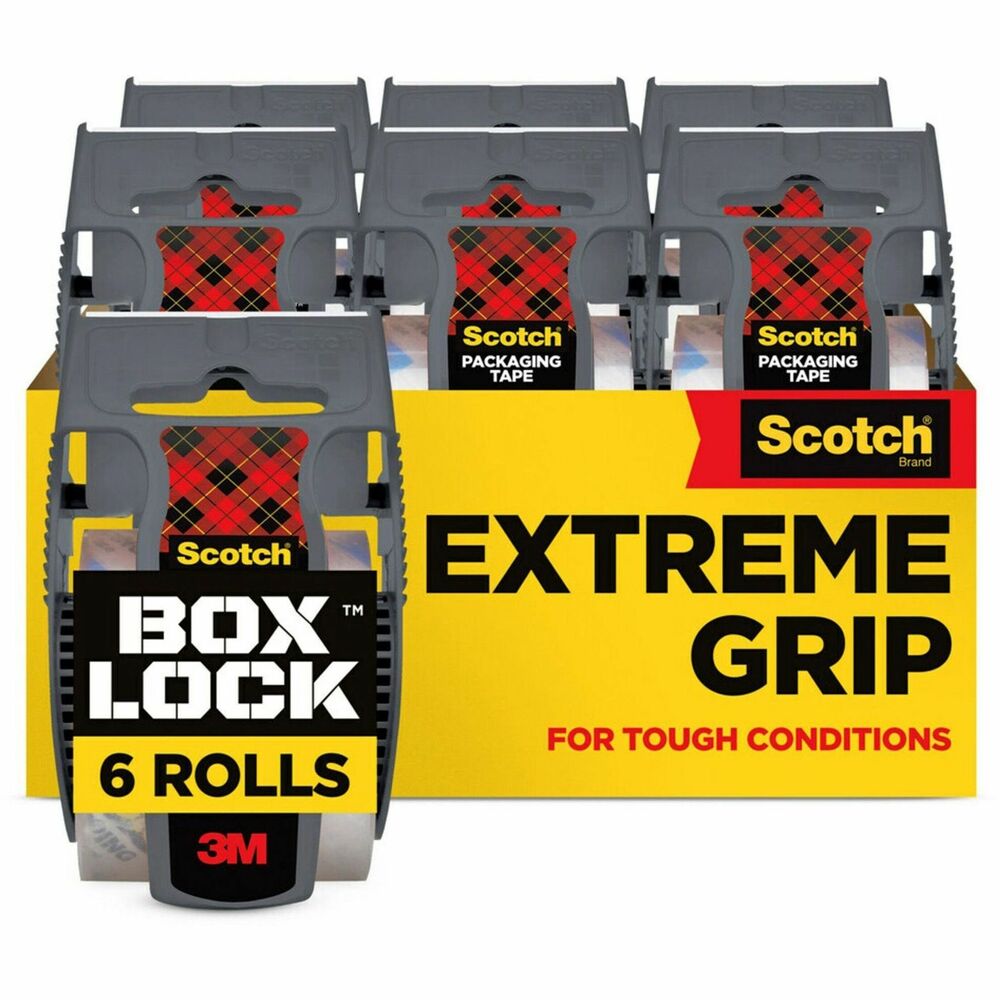 MMM1956 - Scotch Box Lock Packaging Tape sticks instantly to any box. Extreme grip ensures boxes stay securely sealed, even during rough handling. Advanced adhesive creates a secure seal over box edges better than other leading premium packaging tapes and sticks better on cardboard too. It is designed to be thicker than many competitive tapes, which reduces splitting and tearing and makes it easier to find the start of the roll. This tape can be used on any type of box, including harder-to-stick to 100 percent recycled boxes. Each roll comes with a dispenser.
