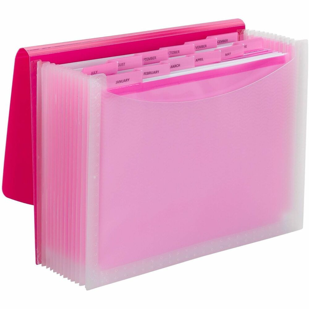 SMD70864 - Poly Frequency Expanding File with a flap-and-cord closure features a unique, embossed wave pattern to add a splash of personality to organization. 12 dividers make it easy to organize your files by the day of the week, project or task. Bottom of the 12-pocket file expands to stand upright on desk for easy document insertion and removal. Durable design is resistant to tearing and water to keep your files safely stored.