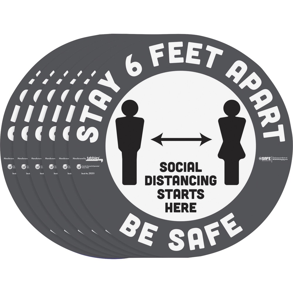TAB29201 - Carpet floor decal features a large, easy-to-read graphic that reminds your guests to stay at an appropriate distance from one another to help everyone stay safe in public. Removable, pressure-sensitive adhesive removes cleanly from most surfaces for easy adjustments as needed. Decal is perfect for metal, painted surfaces, smooth concrete and some plastics with minimal peel-build over time.