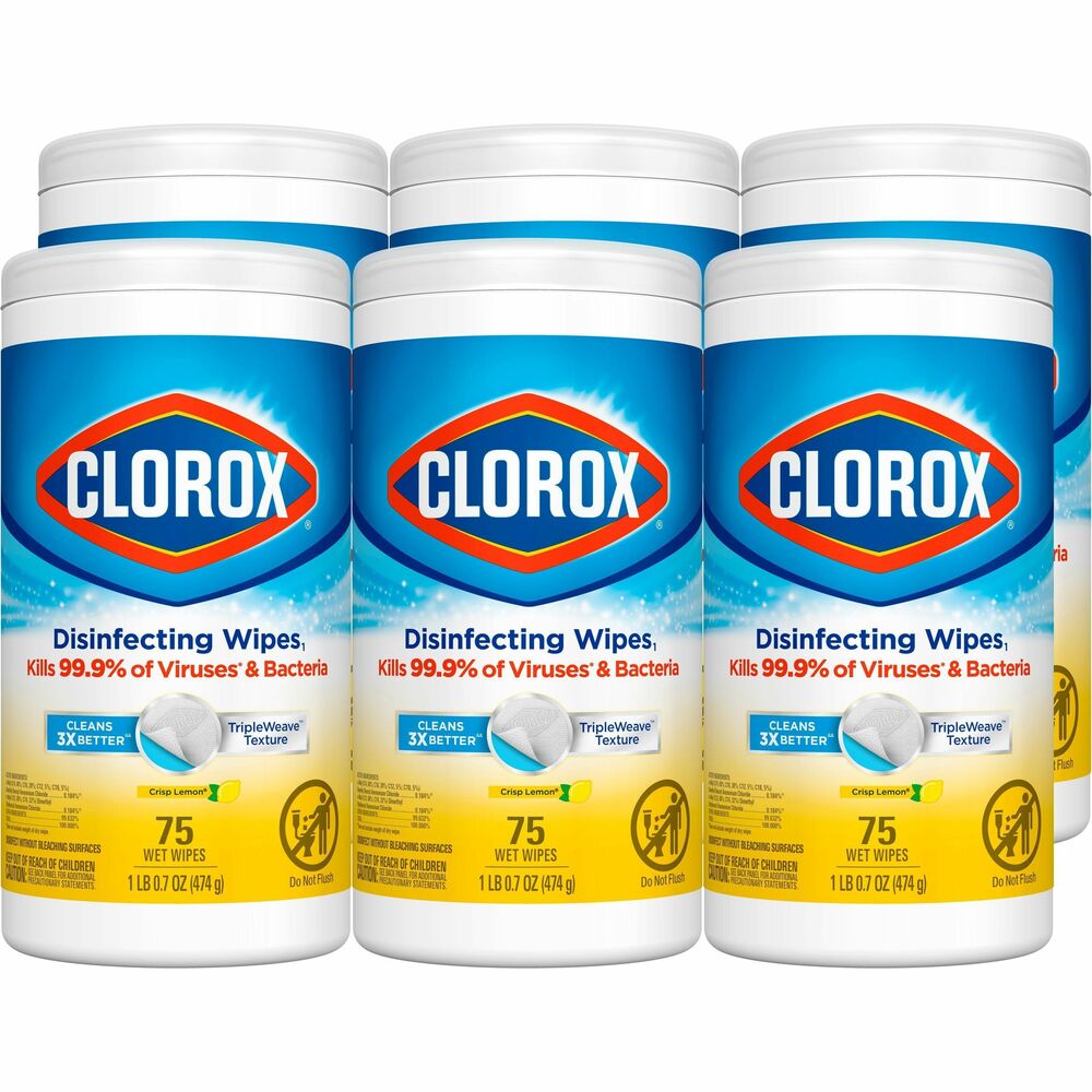 CLO01628 - Clorox Disinfecting Wipes clean, disinfect, deodorize and remove allergens for five times the cleaning power and leave behind a pleasant, crisp lemon scent. Wipes clean and disinfect with antibacterial power that kills 99.9 percent of viruses and bacteria that can live on hard, nonporous surfaces, including COVID-19 Virus, staph, E. coli, MRSA, salmonella, strep and Kleb. These all-purpose, disposable wipes remove common allergens, germs and messes on surfaces like kitchen counters, bathroom surfaces and more and can prevent the growth of odor-causing bacteria on nonfood-contact surfaces for up to 24 hours. Wipes are safe to use on finished wood, sealed granite and stainless steel. Clean with bleach-free wipes to keep dirt and germs away. Use as directed and allow surfaces to air-dry.