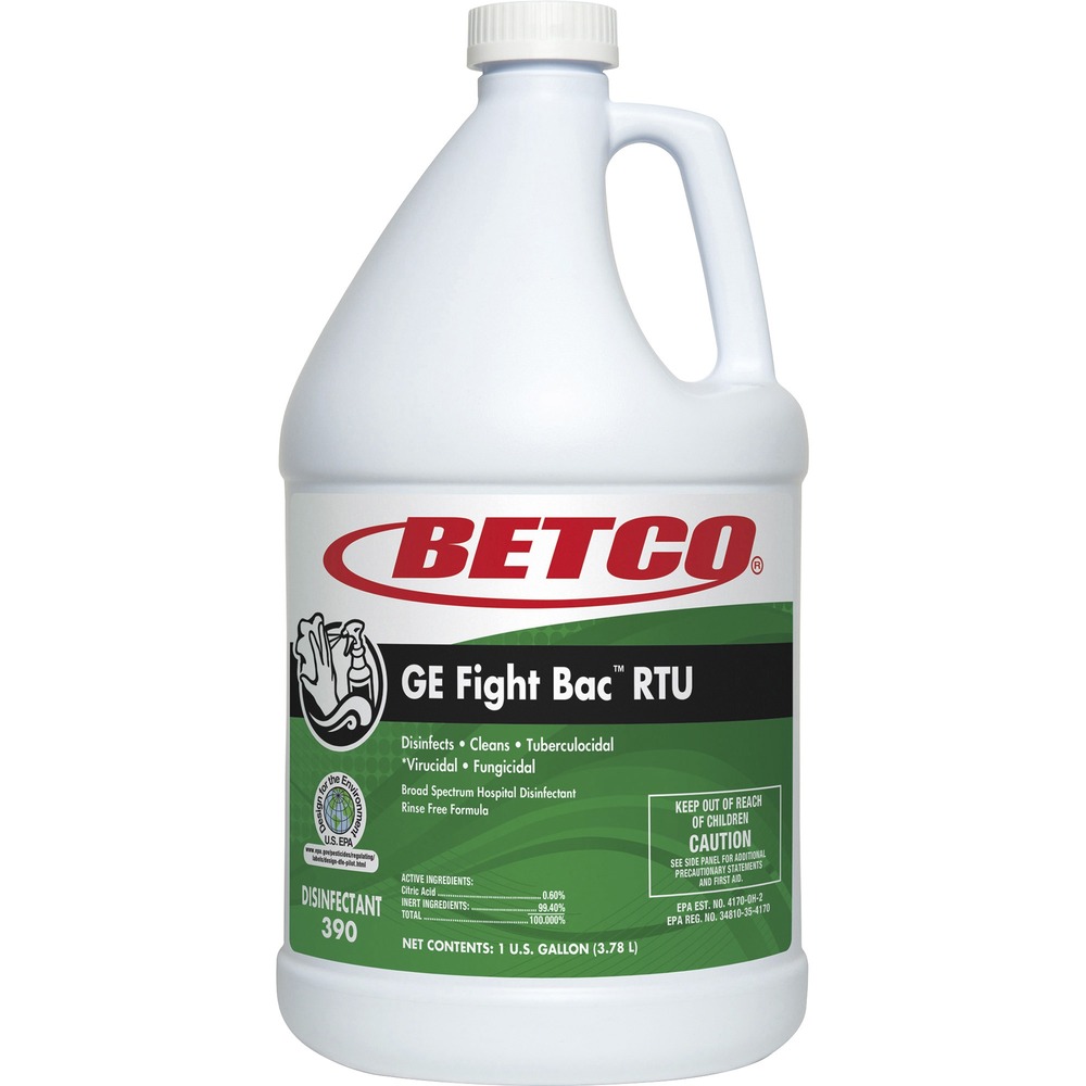 BET3900400 - Disinfectant with the environment in mind using GE Fight Bac RTU. It kills more than 99.9 percent of bacteria and viruses with a 3-to-5-minute contact time. This hospital-grade product provides superior disinfection and meets the EPA's Design for the Environment standards. GE Fight Bac RTU is an EPA list N disinfectant. All products on this list meet EPA's criteria for use against SARS-CoV-2, the virus that causes COVID-19. GE Fight Bac RTU is formulated with a botanical active ingredient: citric acid. Citric acid is nonirritating to most and emits no harsh fumes for the user. This disinfectant is also free from harsh chemicals so it can be used as a food contact sanitizer with no rinsing or wiping required. Use it on washable hard nonporous in hospitals, kitchens, bathrooms, healthcare facilities, medical offices, daycare centers, schools, nursing homes and grocery stores.