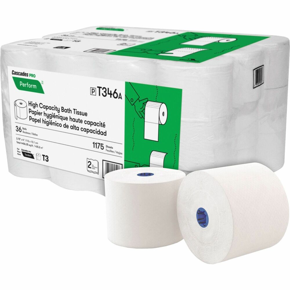 CSDT346 - Perform High-Capacity Toilet Paper for Tandem is made specifically for Cascades PRO Tandem High-Capacity Dispensers (not included). Two-ply material is soft, absorbent and strong for optimal performance. It is safe for plumbing and septic systems. With double the length of a standard roll, this cost-effective solution reduces maintenance time.