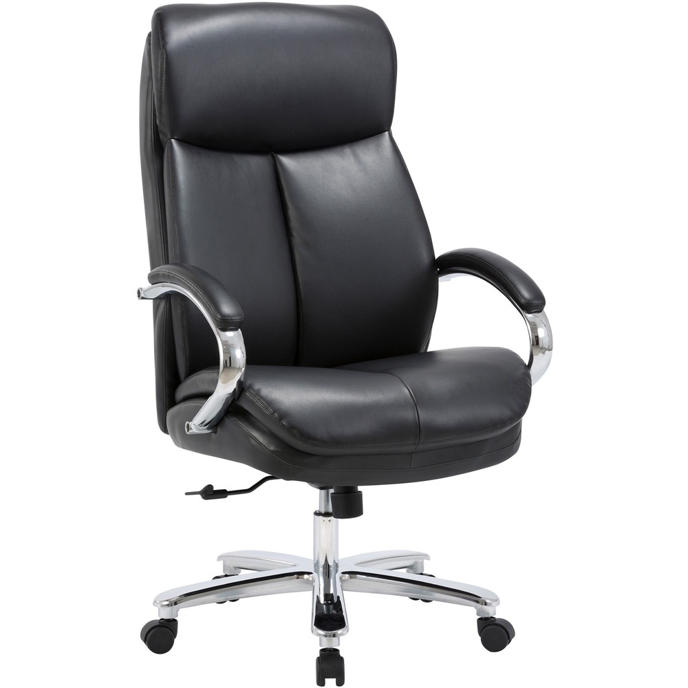 LLR67004 - Executive Big & Tall Chair features thickly cushioned, contoured seat and back upholstered in durable, black bonded leather. Chromed arms and base offer a professional, coordinated look. Fixed arms with padding offer an inviting resting place. Functions include adjustable seat height, 360-degree swivel, tilt, tilt lock and tilt tension. Steel base is equipped with casters for easy chair movement. Weight capacity is 400 lb. More from the Manufacturer