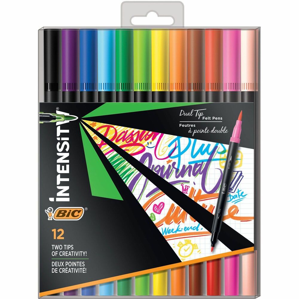 BICFPINDP12AST - Great for professional fine art, brush lettering, illustrations, journaling and more, the Intensity Dual Tip Marker gives artists exceptional versatility with each two-sided, fineliner pen. One end of the fineliner features a durable brush tip that can create fine, medium and broad strokes. The other end of the fineliner has a fine tip, delivering consistent precision for delicate linework and hand lettering. Each colored pen features bold, water-based ink that won't bleed through paper. Results could vary based on paper characteristics.