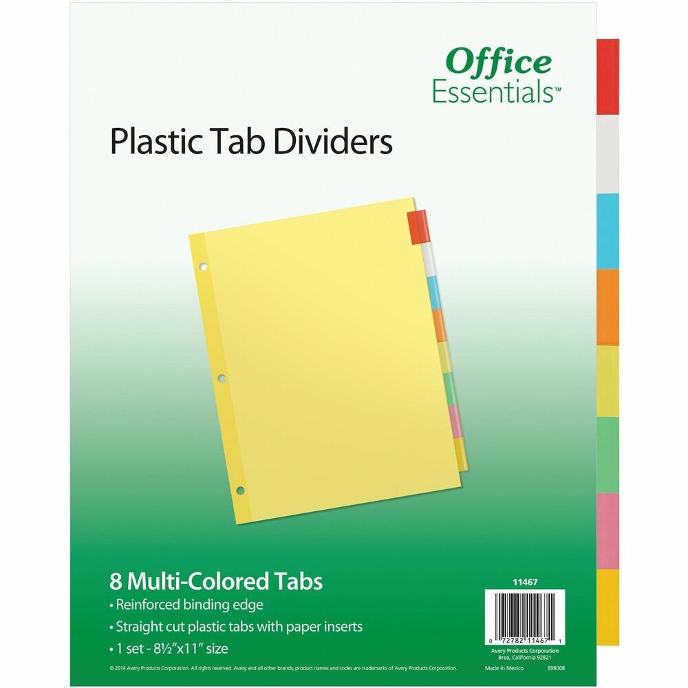 AVE11467 - Make your presentation a real page turner by organizing it with these Office Essentials Insertable Dividers. They feature translucent, plastic multicolored tabs for extra durability. Write your labels on the included paper tab inserts. Dividers are three-hole punched along the reinforced binding edge so they are ready for a standard binder. More from the Manufacturer