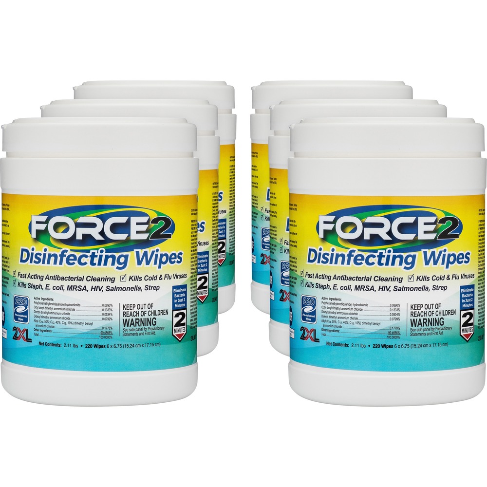 TXL407CT - FORCE2 Disinfecting Wipes are safe, fast-acting, EPA-registered, medical-grade disinfectant wipes that are effective against nearly 50 pathogens. They contain a modern formula that offers protection against today's biggest bacterial and viral threats including staph, E. coli, HIV, coronavirus and more. Each tub offers a higher wipe count to keep your facility safer longer. More compact, universal canister size allows it to fit into most dispensers in any environment. Each nontoxic, nonirritating wipe is pre-moistened with a formula that is alcohol-free, phenol-free, bleach-free and ammonia-free.