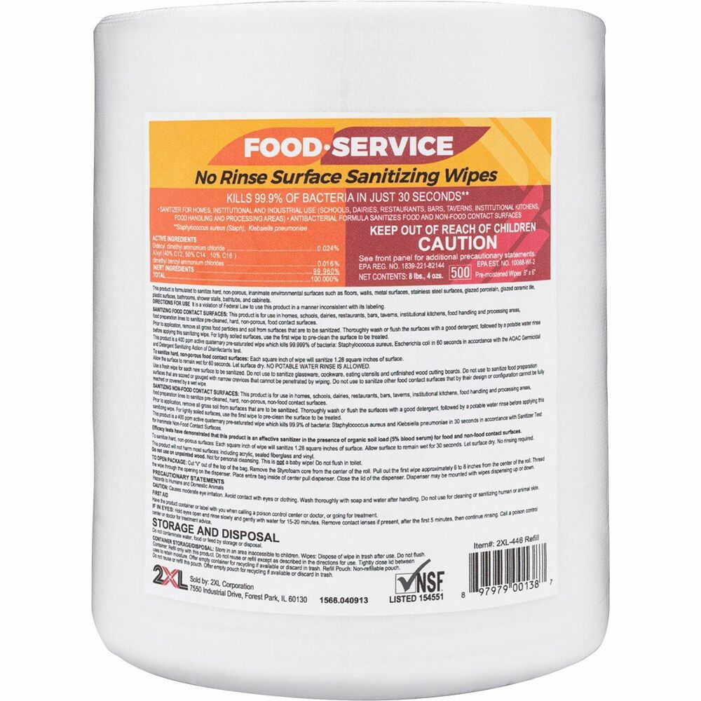 TXL446 - NSF-listed and EPA-registered, foodservice wipes help maintain stringent regulations and standards for food preparation and foodservice environments. They can quickly kill 99.9 percent of germs that can cause illness in foodservice and food prep areas. No Rinse Foodservice Sanitizing Wipes do not contain alcohol, phenol, bleach or ammonia. They are nontoxic and non-irritating. Wipes are made of a spunlaid material. They can be used out of the bag or in wall-mounted dispensers or freestanding dispensers.