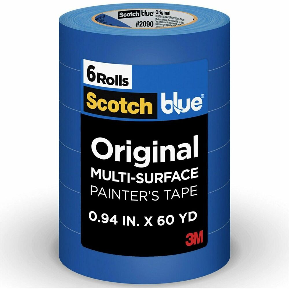 MMM209024EP6 - ScotchBlue Painter's Tape Original Multi-Surface removes cleanly for up to 14 days and does not cause surface damage, even when exposed to direct sunlight. The medium-adhesion tape delivers sharp paint lines and can be used on a variety of surfaces, such as walls, trim, glass and metal. It easily conforms and sticks to the surface with consistent surface contact and secure holding power. The adhesive-transfer resistance from the acrylic adhesive, increased light and ultraviolet stability mean the tape stays intact when removed to reduce labor and rework. Solvent-resistance and moisture-resistance resist paint bleed-through, and adhesive doesn't soften or transfer when tape is wet. The tape is easy to tear and use with a smooth unwind.