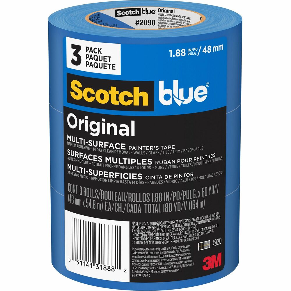 MMM209048EP3 - ScotchBlue Painter's Tape Original Multi-Surface removes cleanly for up to 14 days and does not cause surface damage, even when exposed to direct sunlight. The medium-adhesion tape delivers sharp paint lines and can be used on a variety of surfaces, such as walls, trim, glass and metal. It easily conforms and sticks to the surface with consistent surface contact and secure holding power. The adhesive-transfer resistance from the acrylic adhesive, increased light and ultraviolet stability mean the tape stays intact when removed to reduce labor and rework. Solvent-resistance and moisture-resistance resist paint bleed-through, and adhesive doesn't soften or transfer when tape is wet. The tape is easy to tear and use with a smooth unwind.